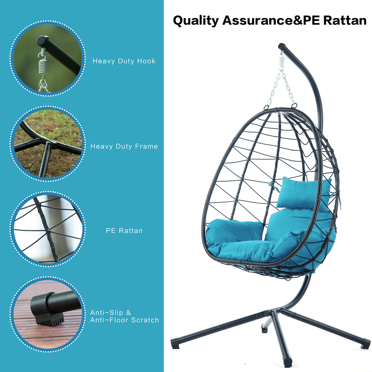 Egg Chair With Stand Indoor Outdoor Swing Chair Patio Wicker Hanging Egg Chair Hanging Basket Chair Hammock Chair With Stand For Bedroom Living Room Balcony Yes Sectional Light Blue Water Resistant
