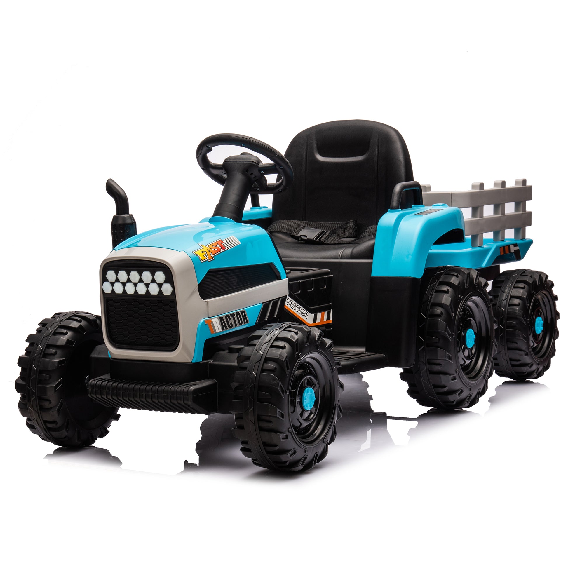 Ride On Tractor With Trailer,12V Battery Powered Electric Tractor Toy W Remote Control,Electric Car For Kids,Three Speed Adjustable,Power Display, Usb,Mp3 ,Bluetooth,Led Light,Two Point Safety Belt Blue Plastic