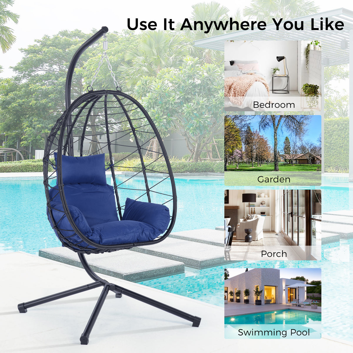 Egg Chair With Stand Indoor Outdoor Swing Chair Patio Wicker Hanging Egg Chair Hanging Basket Chair Hammock Chair With Stand For Bedroom Living Room Balcony Yes Complete Patio Set Navy Blue Water