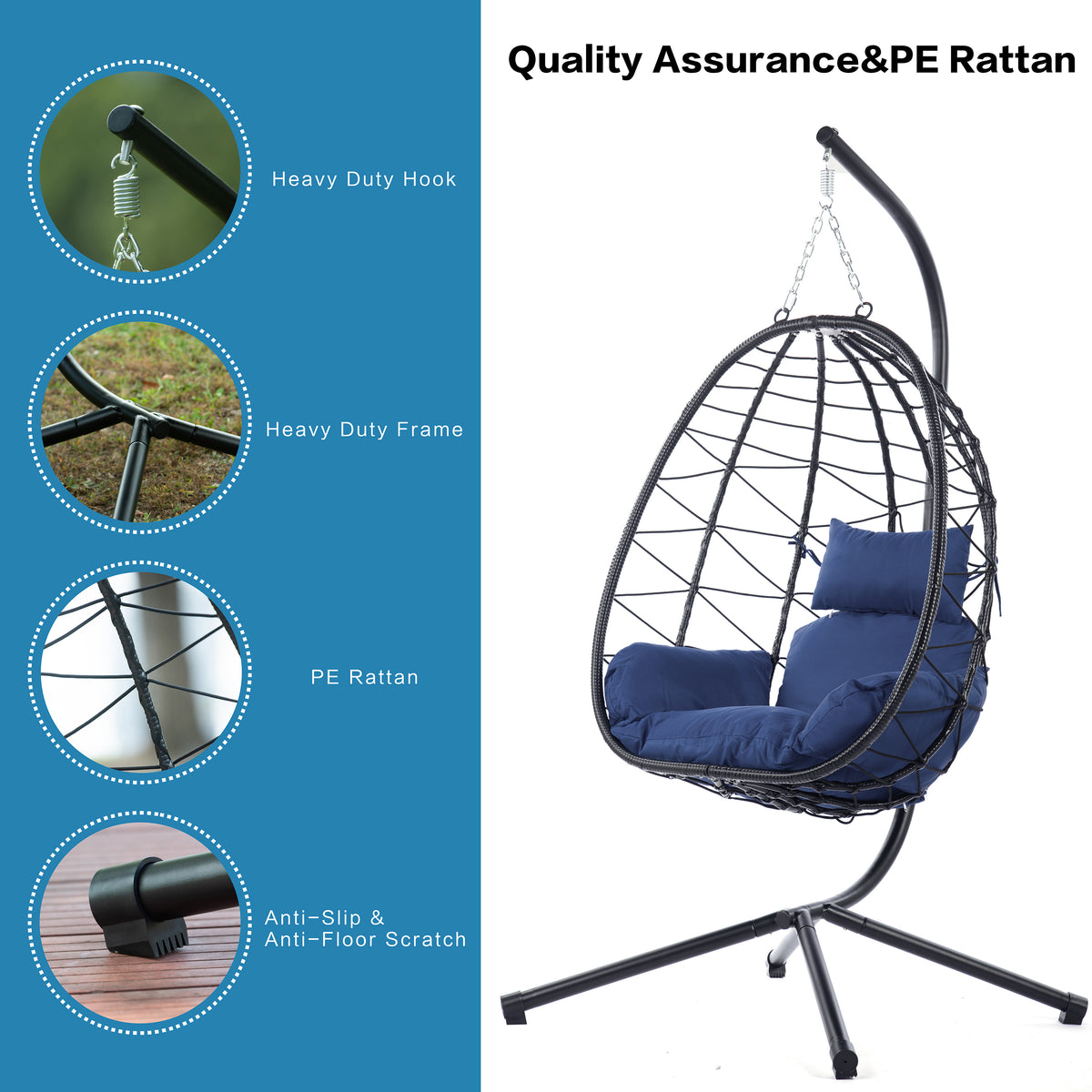 Egg Chair With Stand Indoor Outdoor Swing Chair Patio Wicker Hanging Egg Chair Hanging Basket Chair Hammock Chair With Stand For Bedroom Living Room Balcony Yes Complete Patio Set Navy Blue Water