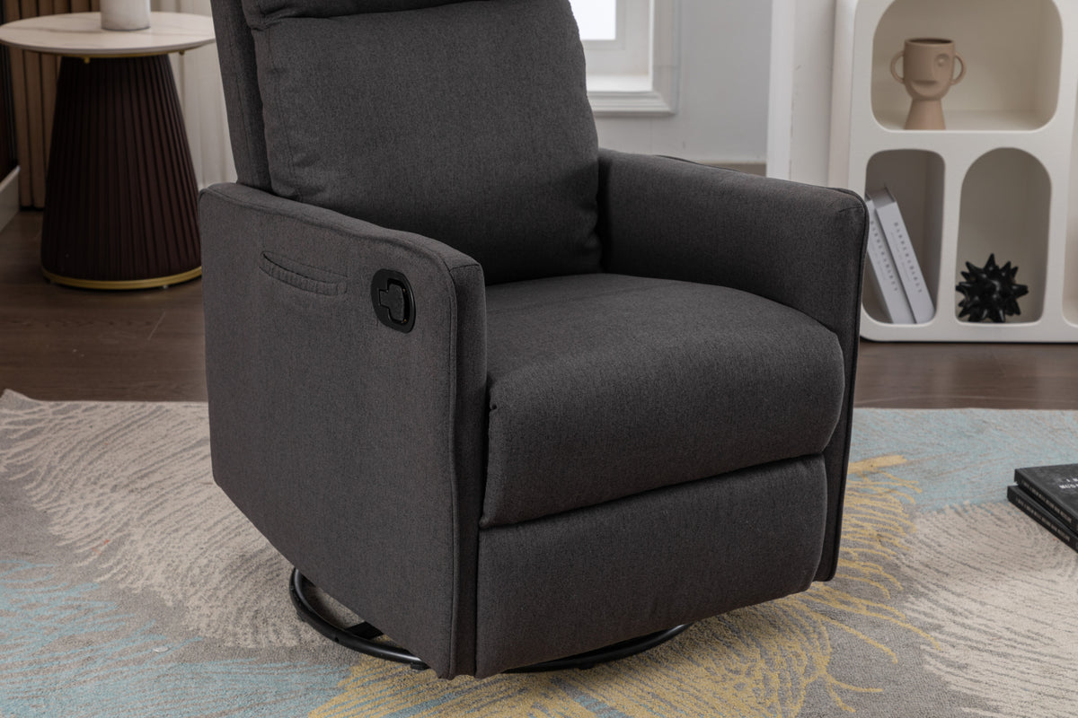 038 Cotton Linen Fabric Swivel Rocking Chair Glider Rocker Recliner Nursery Chair With Adjustable Back And Footrest For Living Room Indoor,Dark Gray Dark Gray Cotton Manual Handle Metal Primary Living Space Soft Tufted Back Modern Foam Linen