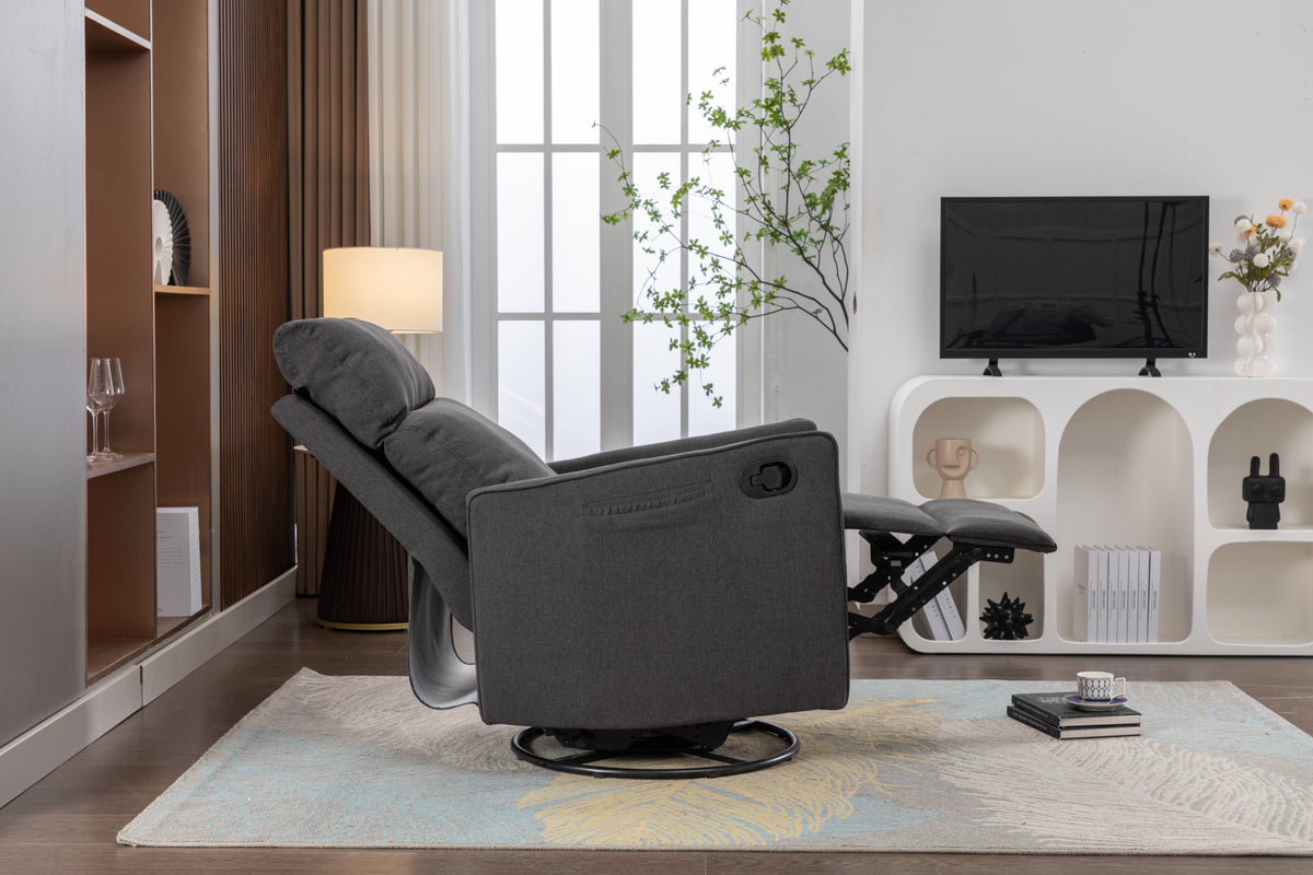038 Cotton Linen Fabric Swivel Rocking Chair Glider Rocker Recliner Nursery Chair With Adjustable Back And Footrest For Living Room Indoor,Dark Gray Dark Gray Cotton Manual Handle Metal Primary Living Space Soft Tufted Back Modern Foam Linen