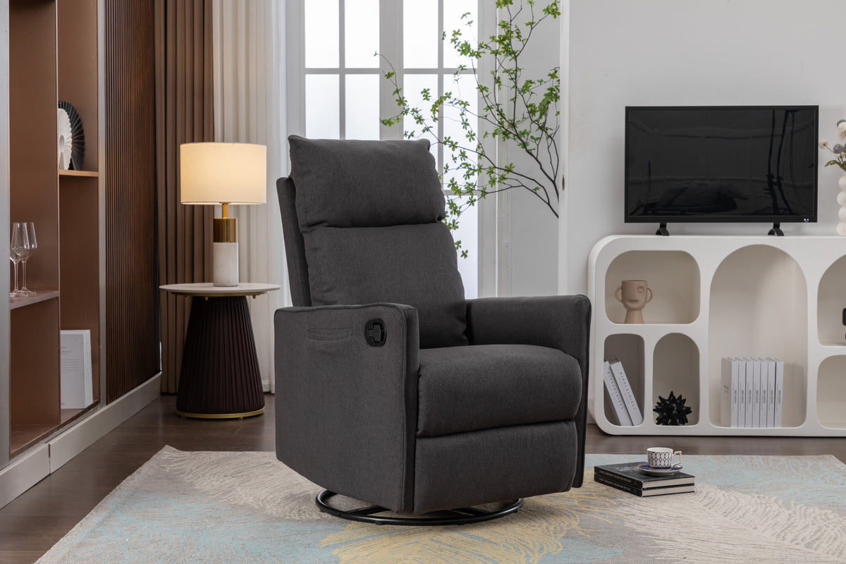 038 Cotton Linen Fabric Swivel Rocking Chair Glider Rocker Recliner Nursery Chair With Adjustable Back And Footrest For Living Room Indoor,Dark Gray Dark Gray Cotton Manual Handle Metal Primary Living Space Soft Tufted Back Modern Foam Linen