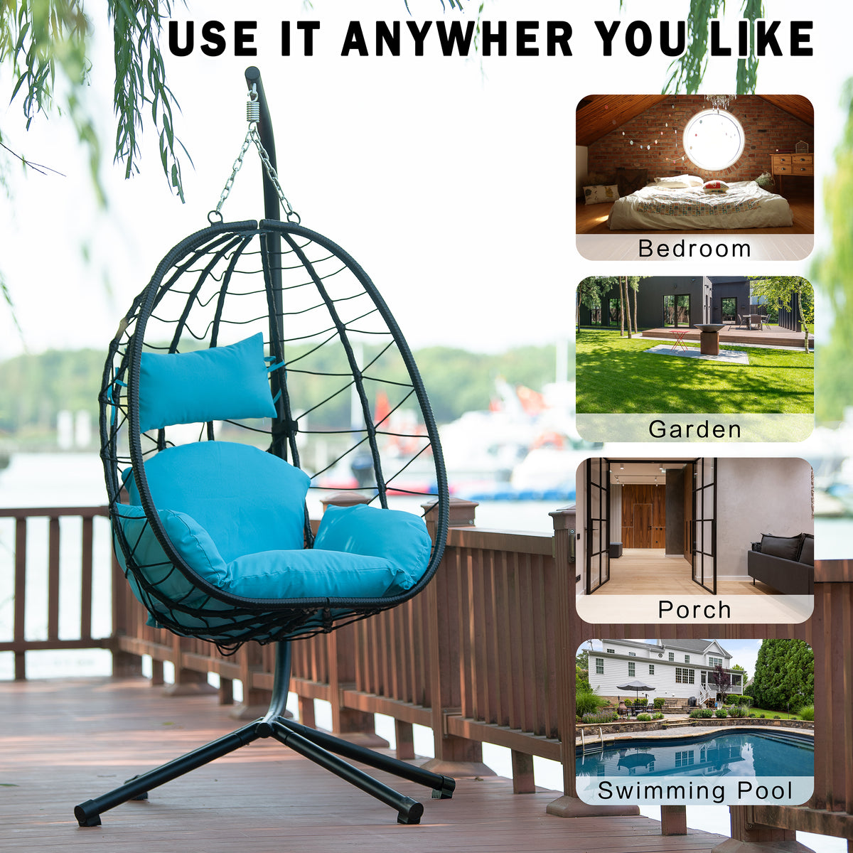 Egg Chair With Stand Indoor Outdoor Swing Chair Patio Wicker Hanging Egg Chair Hanging Basket Chair Hammock Chair With Stand For Bedroom Living Room Balcony Yes Sectional Light Blue Water Resistant