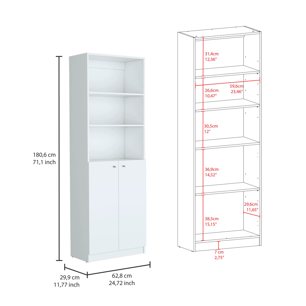 Utah 3 Piece Living Room Set With 3 Bookcases, White White Particle Board Engineered Wood