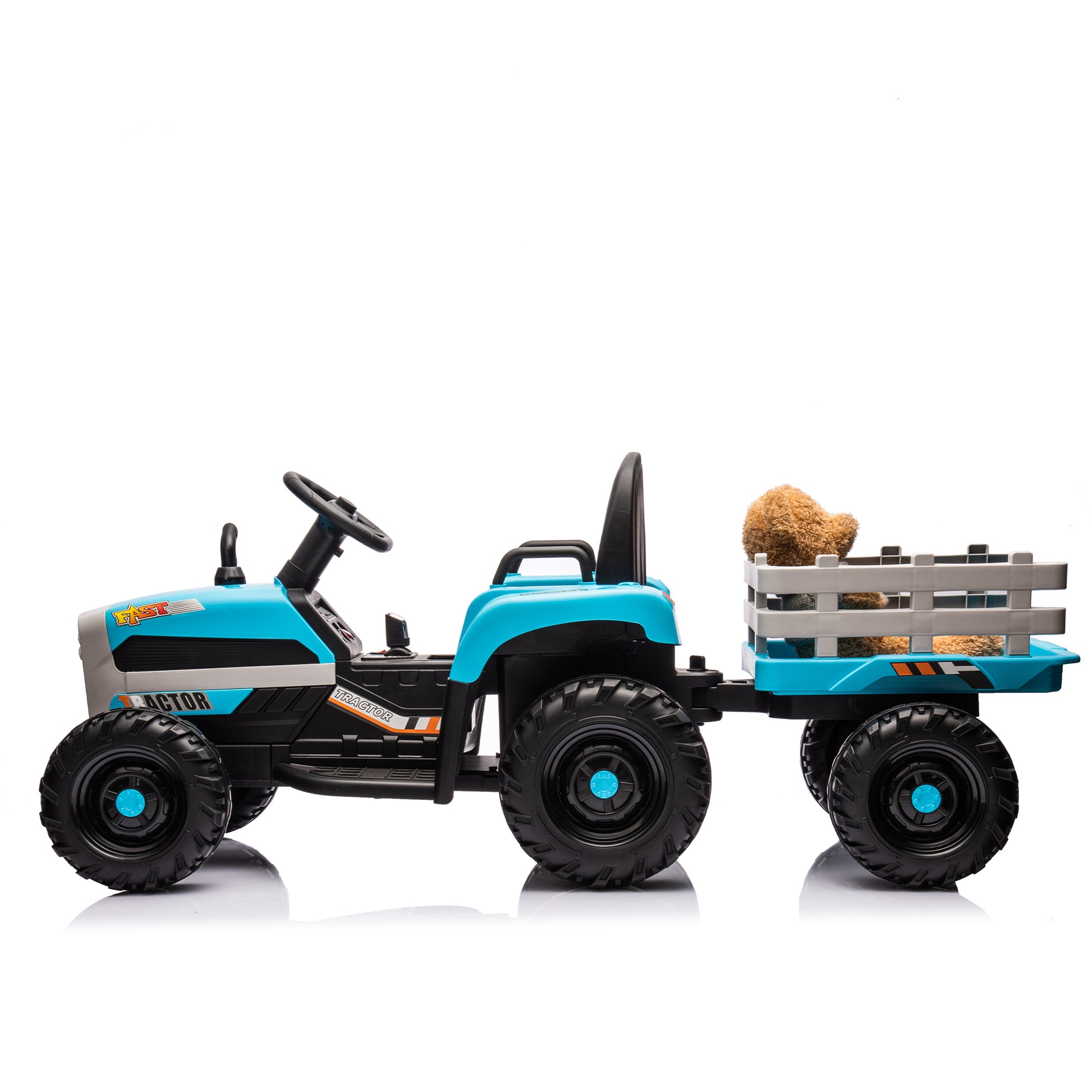 Ride On Tractor With Trailer,12V Battery Powered Electric Tractor Toy W Remote Control,Electric Car For Kids,Three Speed Adjustable,Power Display, Usb,Mp3 ,Bluetooth,Led Light,Two Point Safety Belt Blue Plastic