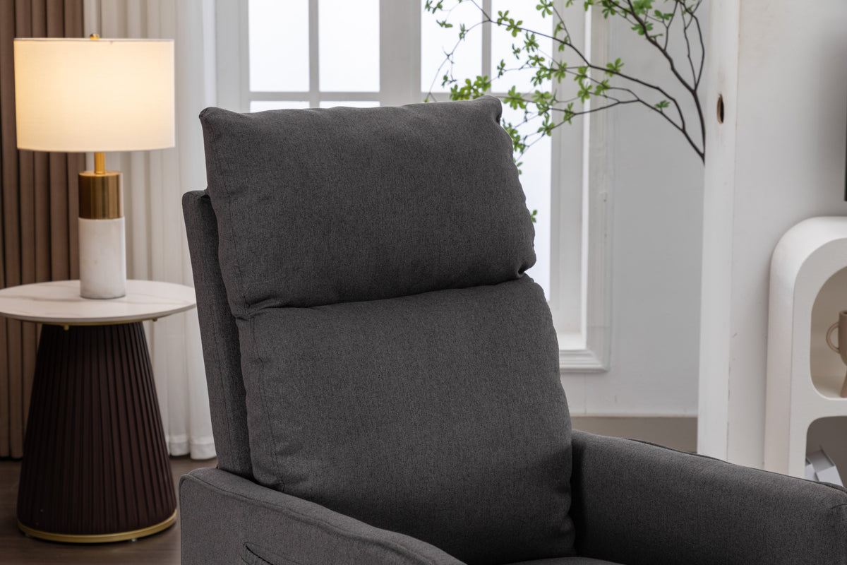 038 Cotton Linen Fabric Swivel Rocking Chair Glider Rocker Recliner Nursery Chair With Adjustable Back And Footrest For Living Room Indoor,Dark Gray Dark Gray Cotton Manual Handle Metal Primary Living Space Soft Tufted Back Modern Foam Linen