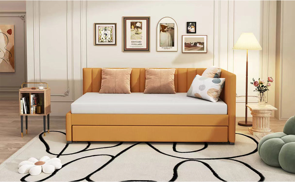 Upholstered Daybed With Trundle Twin Size Sofa Bed Frame No Box Spring Needed, Linen Fabric Yellow Yellow Linen