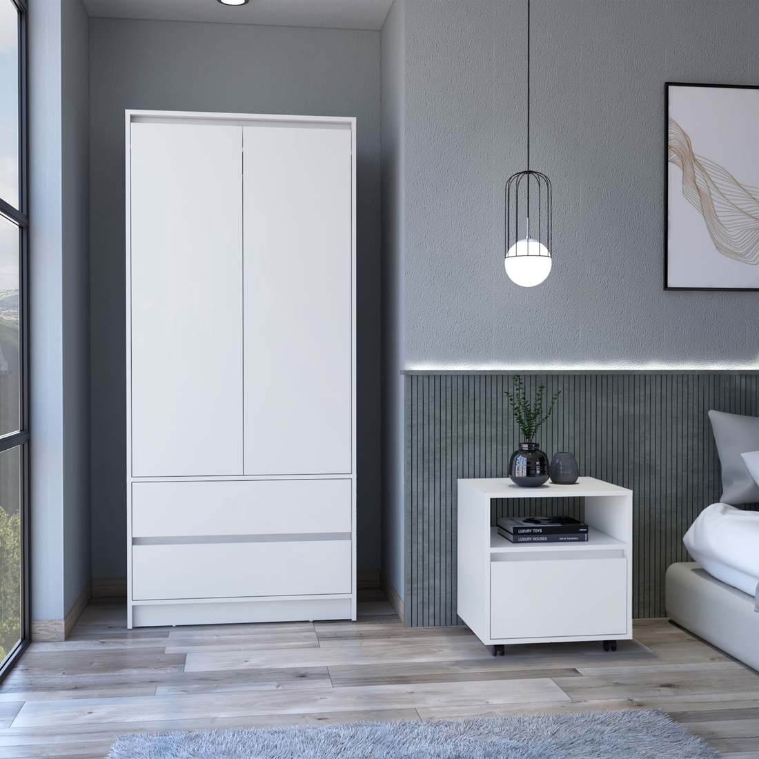 Laurel 2 Piece Bedroom Set, Nightstand Armoire, White White Particle Board Engineered Wood