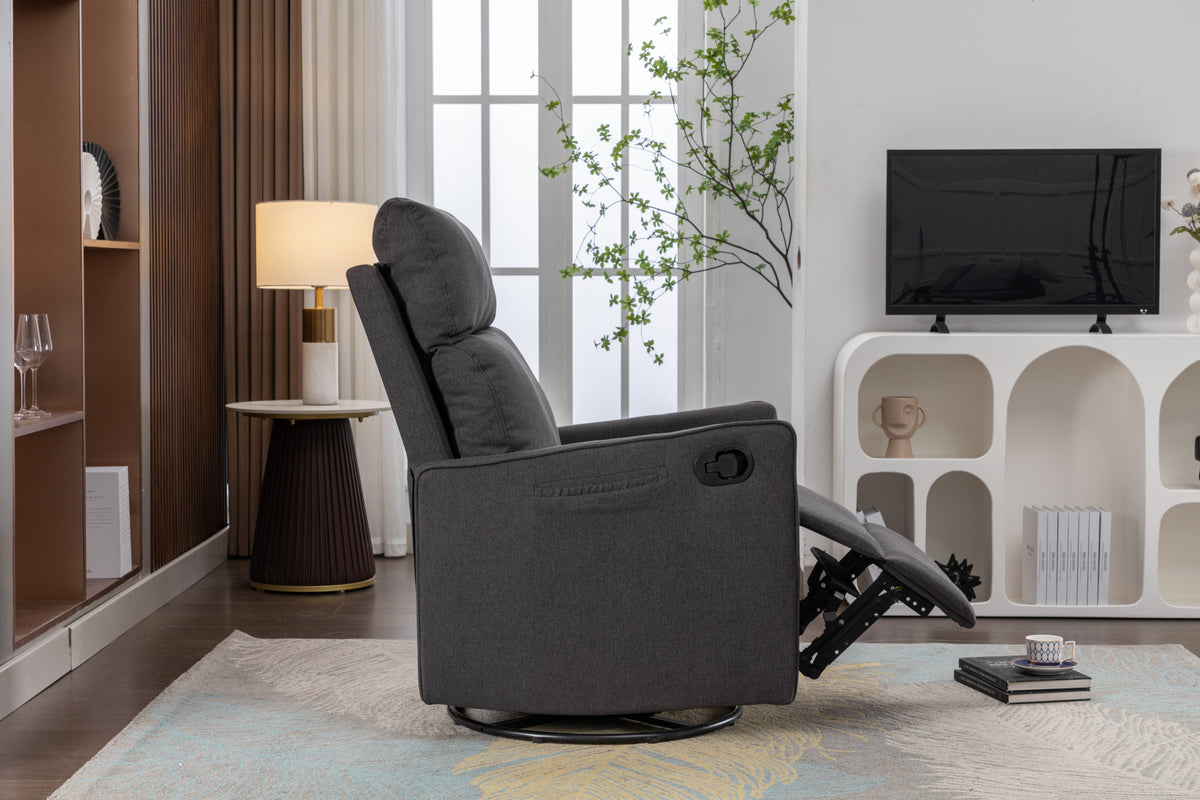 038 Cotton Linen Fabric Swivel Rocking Chair Glider Rocker Recliner Nursery Chair With Adjustable Back And Footrest For Living Room Indoor,Dark Gray Dark Gray Cotton Manual Handle Metal Primary Living Space Soft Tufted Back Modern Foam Linen