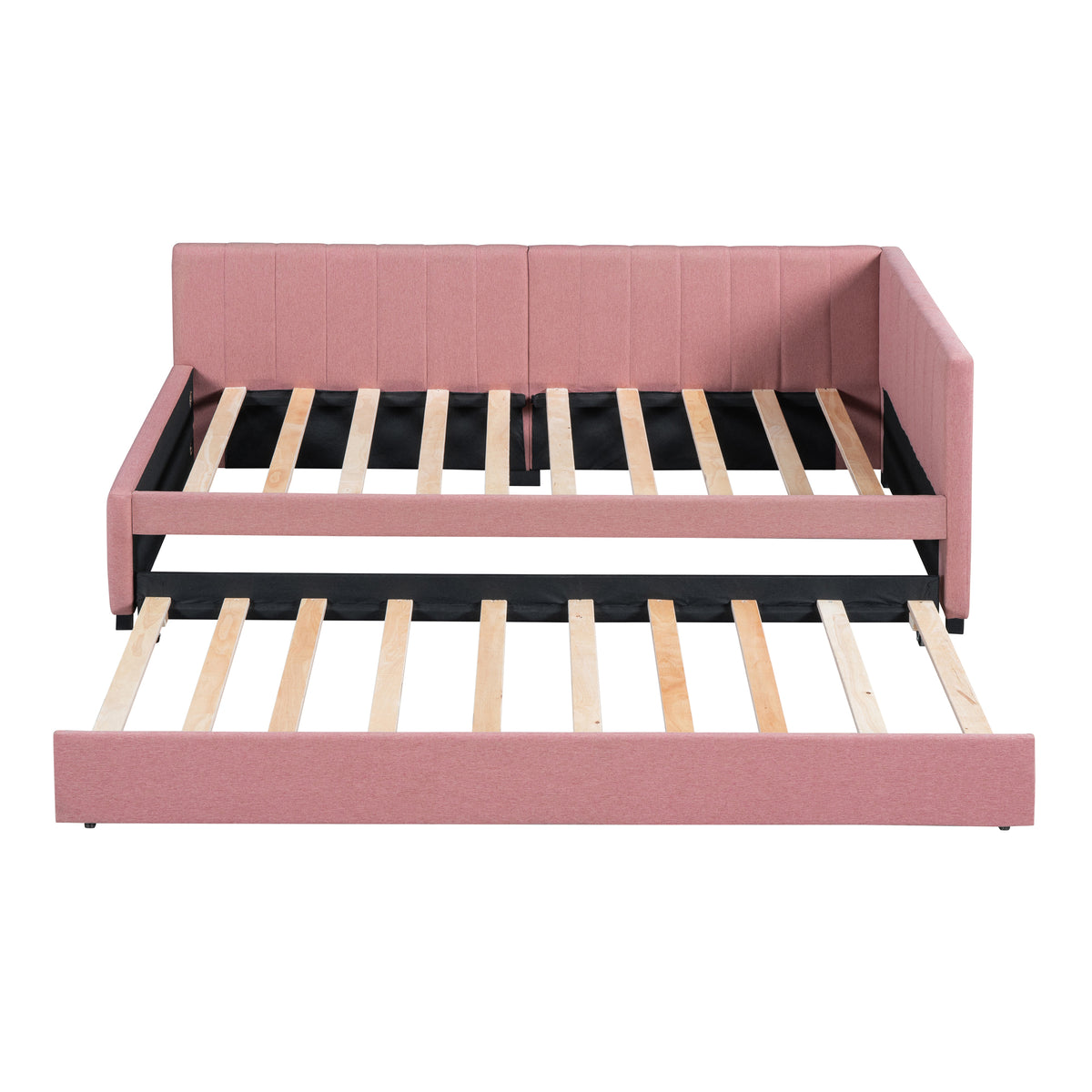 Upholstered Daybed With Trundle Twin Size Sofa Bed Frame No Box Spring Needed, Linen Fabric Pink Pink Linen