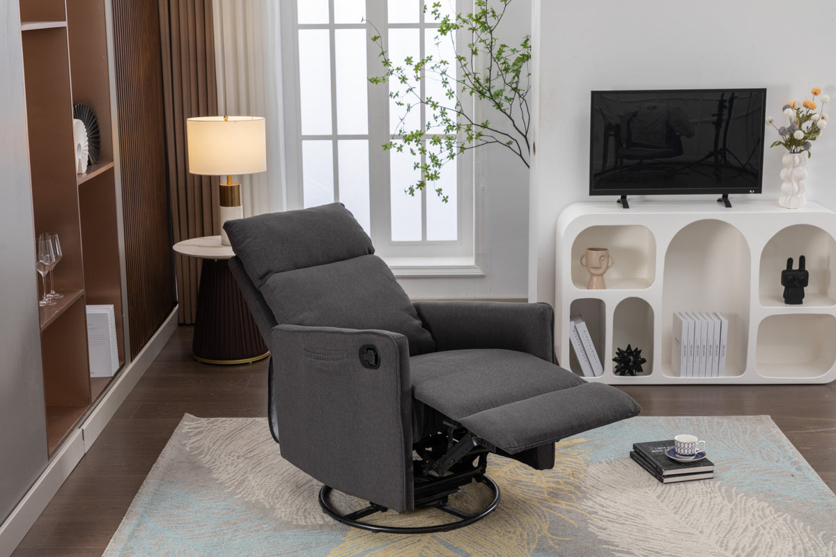 038 Cotton Linen Fabric Swivel Rocking Chair Glider Rocker Recliner Nursery Chair With Adjustable Back And Footrest For Living Room Indoor,Dark Gray Dark Gray Cotton Manual Handle Metal Primary Living Space Soft Tufted Back Modern Foam Linen