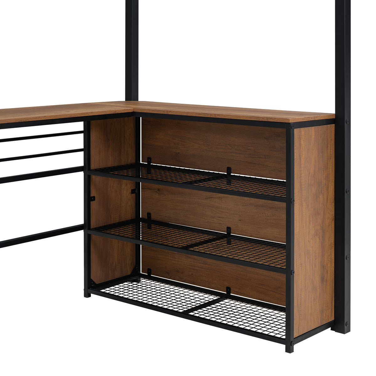 Twin Size Metal Loft Bed With 3 Layers Of Shelves And L Shaped Desk, Black Black Metal