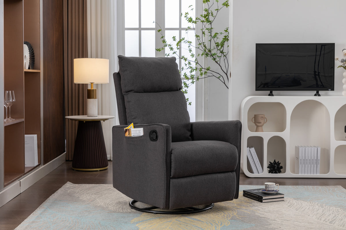 038 Cotton Linen Fabric Swivel Rocking Chair Glider Rocker Recliner Nursery Chair With Adjustable Back And Footrest For Living Room Indoor,Dark Gray Dark Gray Cotton Manual Handle Metal Primary Living Space Soft Tufted Back Modern Foam Linen