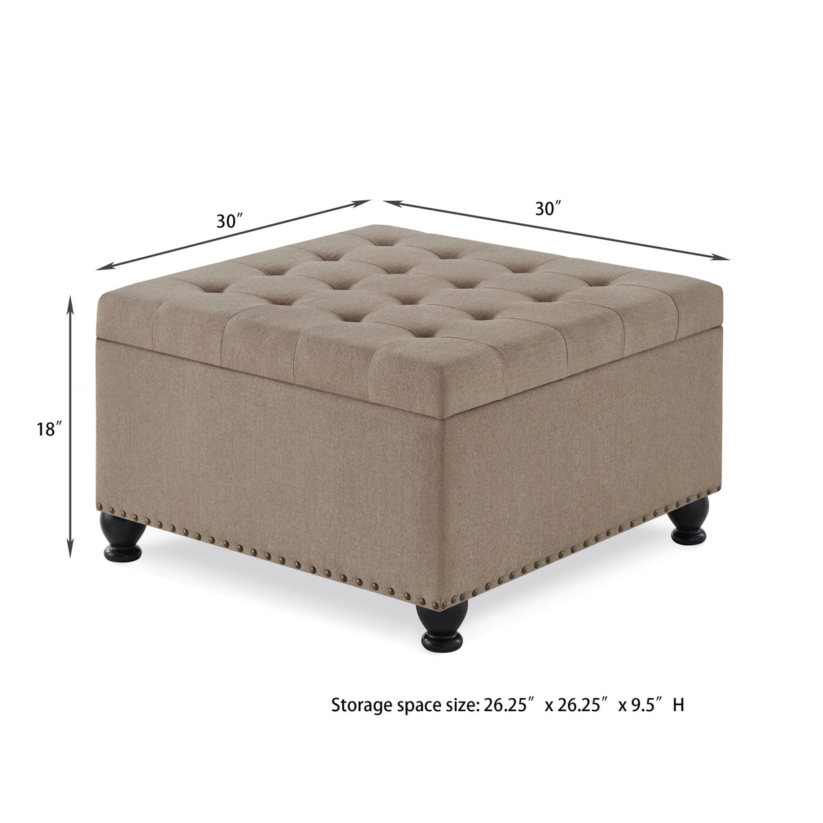 Large Square Storage Ottoman With Wooden Legs, Upholstered Button Tufted Coffee Table With Nail Trims For For Living Space,Linen Espresso Wood Primary Living Space Black Solid Rubberwood Wood With Storage Linen Linen Linen Or Linen Blend Backless Medium