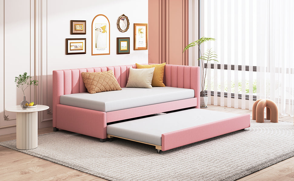 Upholstered Daybed With Trundle Twin Size Sofa Bed Frame No Box Spring Needed, Linen Fabric Pink Pink Linen