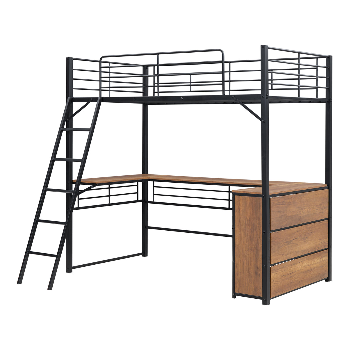 Twin Size Metal Loft Bed With 3 Layers Of Shelves And L Shaped Desk, Black Black Metal