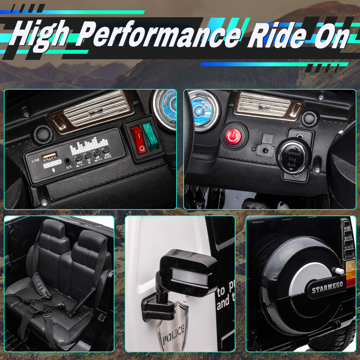 12V7A 30W*2 Four Wheel Drive Leather Seat One Button Start,Forward And Backward, High And Low Speed, Music, Front Light, Power Display, Two Doors Can Open, 2.4G R C, Seat Belt Four Wheel Absorber Black 100 149 Lbs 5 To 8 Years Iron Plastic Outdoor