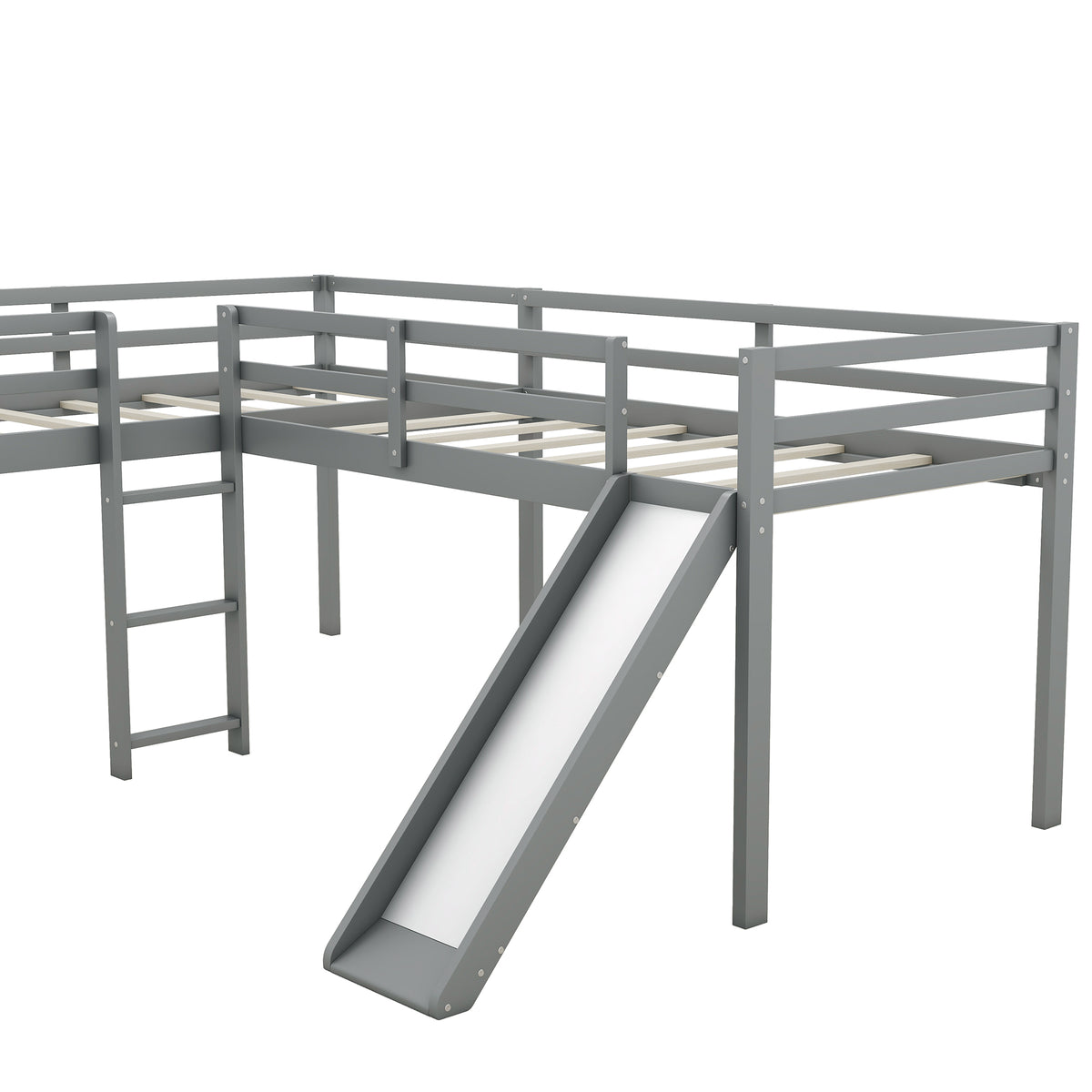L Shaped Twin Size Loft Bed With Ladder And Slide, Gray Gray Solid Wood Mdf