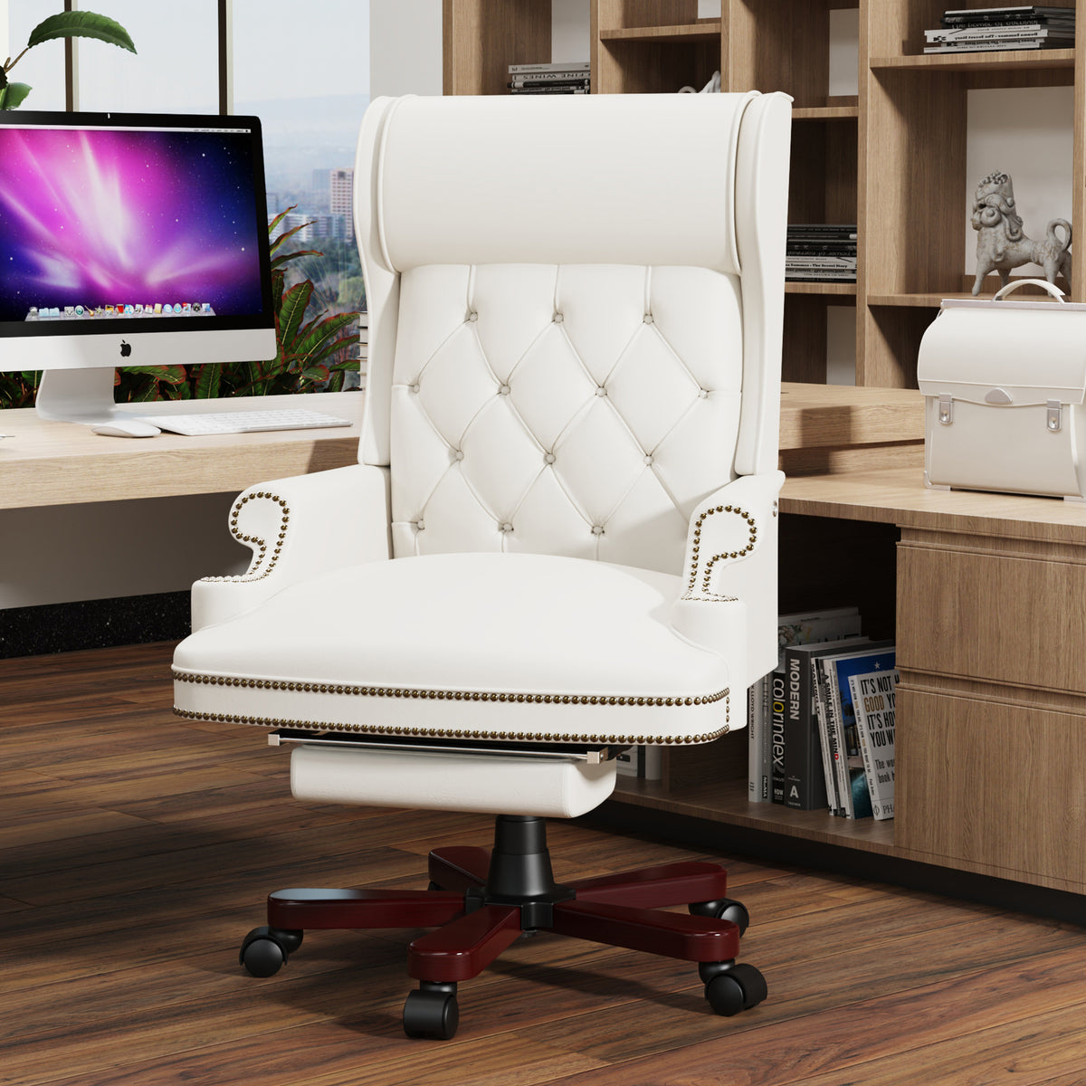 330Lbs Executive Office Chair With Footstool, Ergonomic Design High Back Reclining Comfortable Desk Chair White White Pu Leather