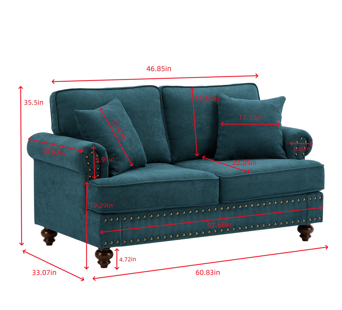 Modern Sofa For Living Room,61" Green Chenille Sofa Couch, Sectional Beautiful Seat Sofa Couch With Brown Legs, Upholstered Sofa For Apartment Bedroom Home Office Lake Green Brown Wood Primary Living Space Soft Cushion Back American Design Rolled Arms