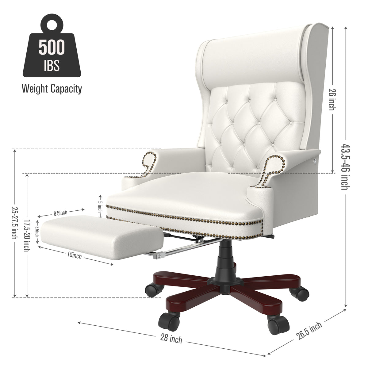 330Lbs Executive Office Chair With Footstool, Ergonomic Design High Back Reclining Comfortable Desk Chair White White Pu Leather