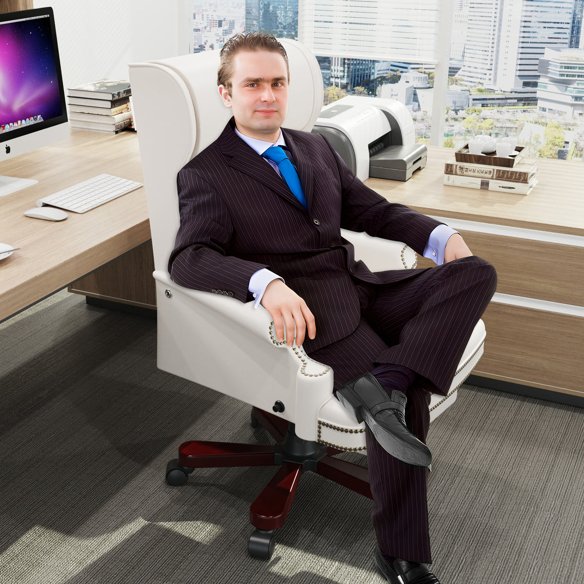 330Lbs Executive Office Chair With Footstool, Ergonomic Design High Back Reclining Comfortable Desk Chair White White Pu Leather