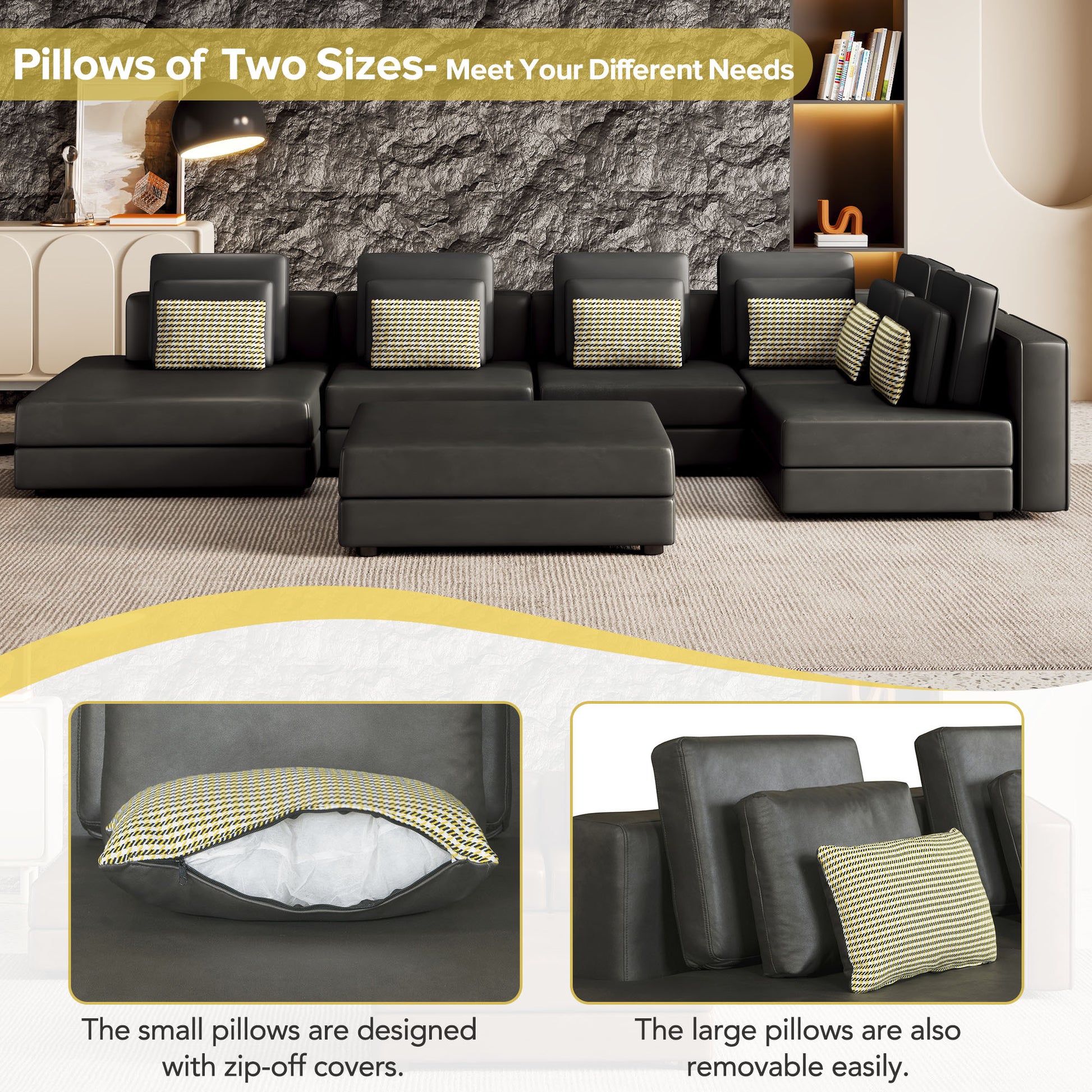 112.7" Modular Sectional Sofa Corner Sofa Chaise Lounge With Movable Ottoman For Living Room, Black Black Foam Palomino Fabric