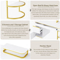 60''Modern Executive Desk,White Curved Computer Desk With Gold Metal Legs,3 Drawers Home Office Desk,Writing Desk With 1 Storage Cabinet For Home Office,Living Room,Gold White Gold White Mdf
