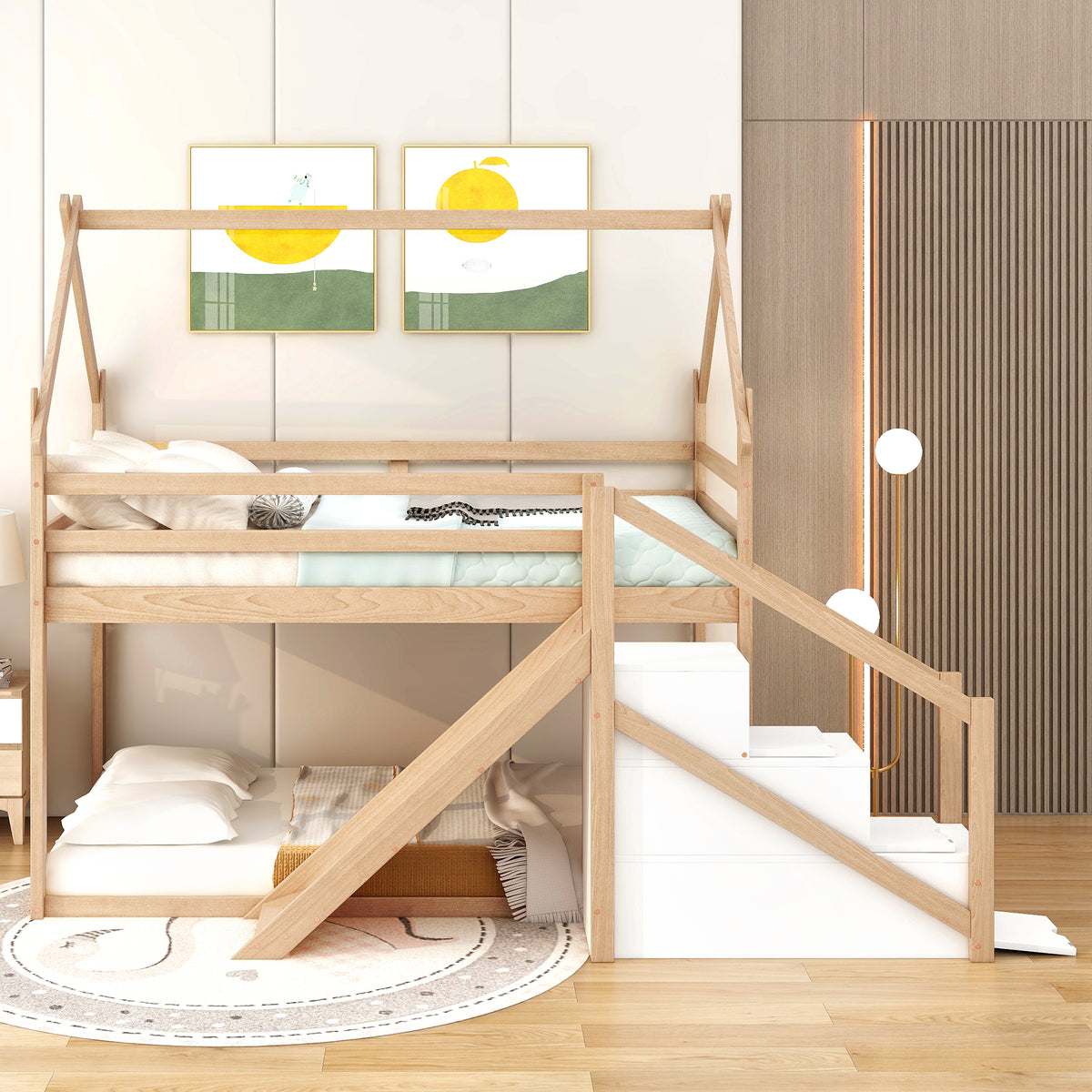 Twin Over Twin House Loft Or Bunk Bed With Slide And Staircase, Natural Box Spring Not Required Twin Natural Wood Bedroom Bunk Solid Wood Mdf