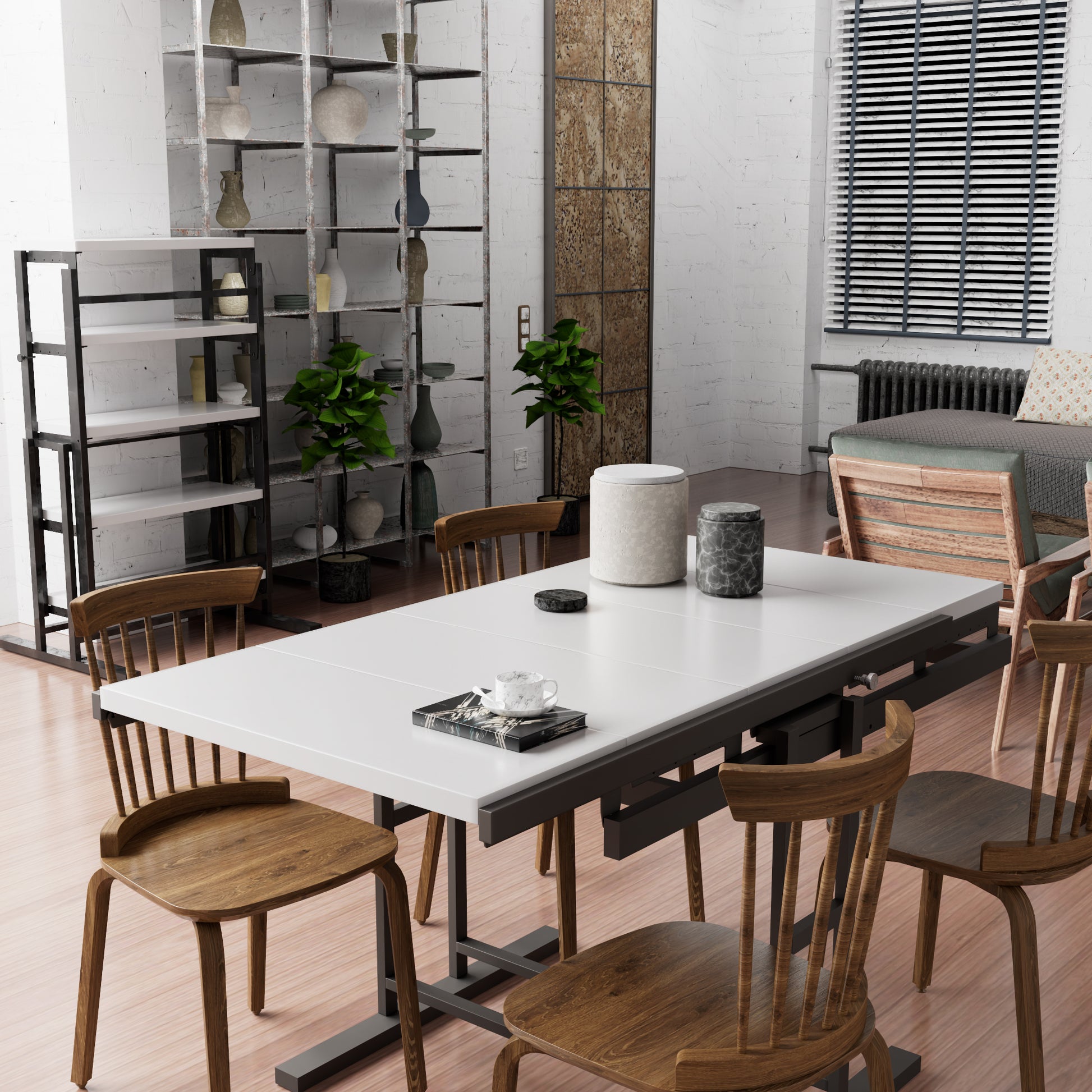 Solid Mahogany Wood Multifunction Convertible Dining Table,Free Switch Space Saving Table Shelf For Home And Studio, White Finish White Solid Wood