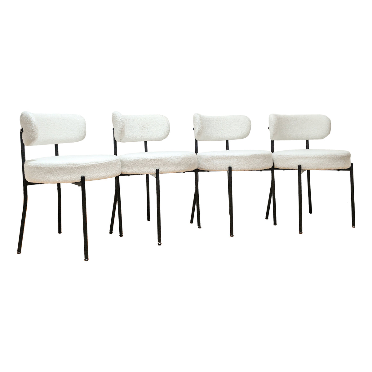 White Dining Chairs Set Of 4, Mid Century Modern Dining Chairs, Kitchen Dining Room Chairs, Curved Backrest Round Upholstered Boucle Dining Chair With Black Metal Legs Metal White Teddy Kitchen Dining Chairs Foam Velvet