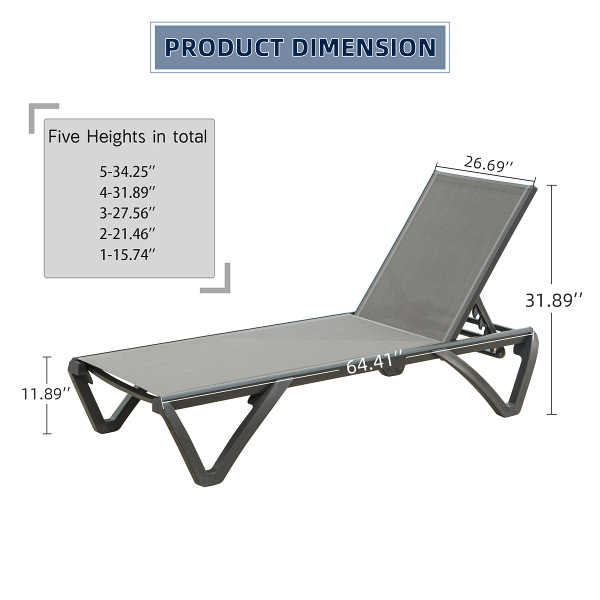 Patio Chaise Lounge Outdoor Aluminum Polypropylene Chair With Adjustable Backrest, Poolside Sunbathing Chair For Beach,Yard,Balcony Gray, 2 Lounge Chairs Gray Aluminium