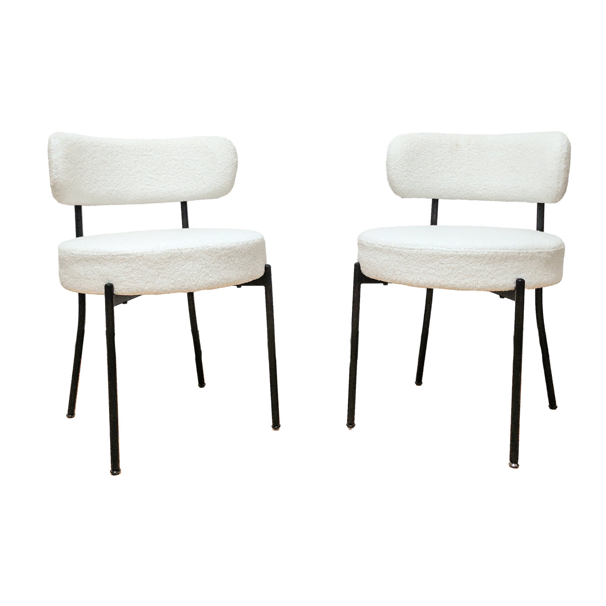 White Dining Chairs Set Of 4, Mid Century Modern Dining Chairs, Kitchen Dining Room Chairs, Curved Backrest Round Upholstered Boucle Dining Chair With Black Metal Legs Metal White Teddy Kitchen Dining Chairs Foam Velvet