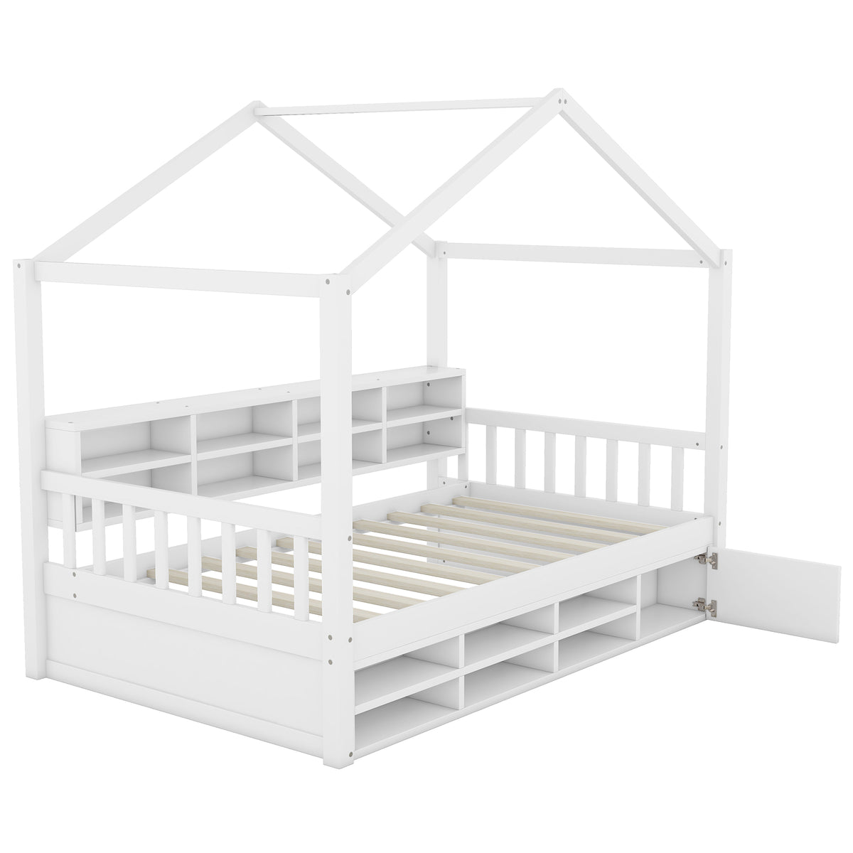 Twin Size Wooden House Bed With Shelves And A Mini Cabinet, White Box Spring Not Required White Wood Bedroom Pine Bed Frame Wood