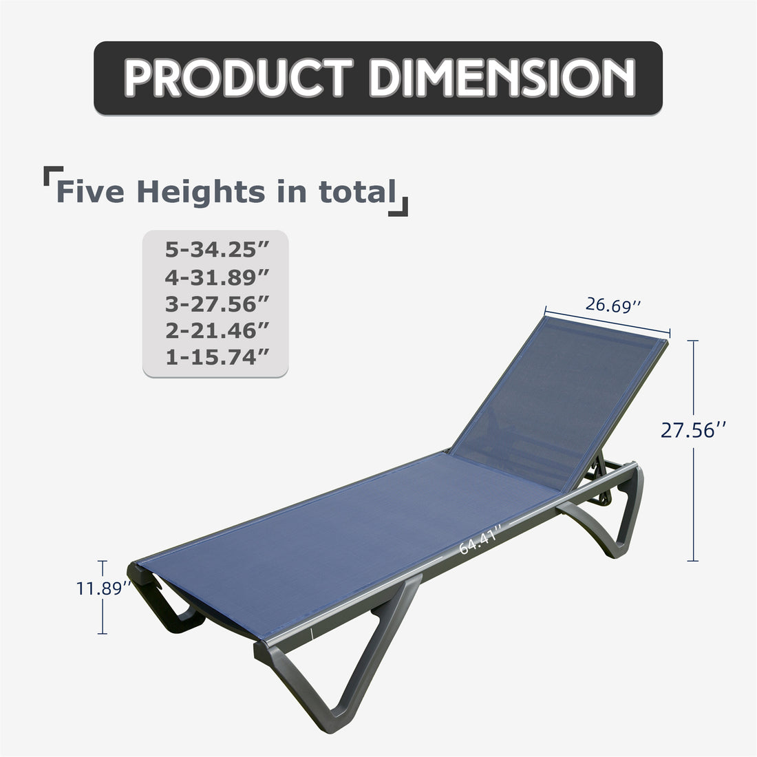 Outdoor Lounge Chair, 2 Pieces Aluminum Plastic Patio Chaise Lounge With 5 Position Adjustable Backrest And Wheels, All Weather Reclining Chair For Patio, Navy Blue Navy Blue Aluminum