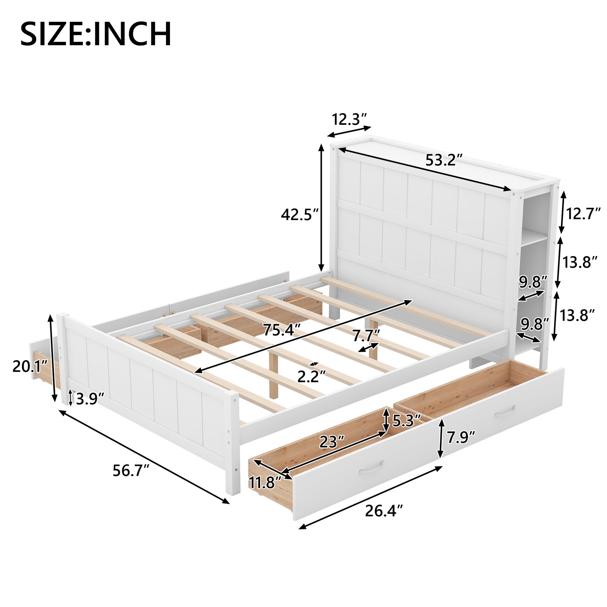 Full Size Platform Bed With Drawers And Storage Shelves, White White Solid Wood Mdf
