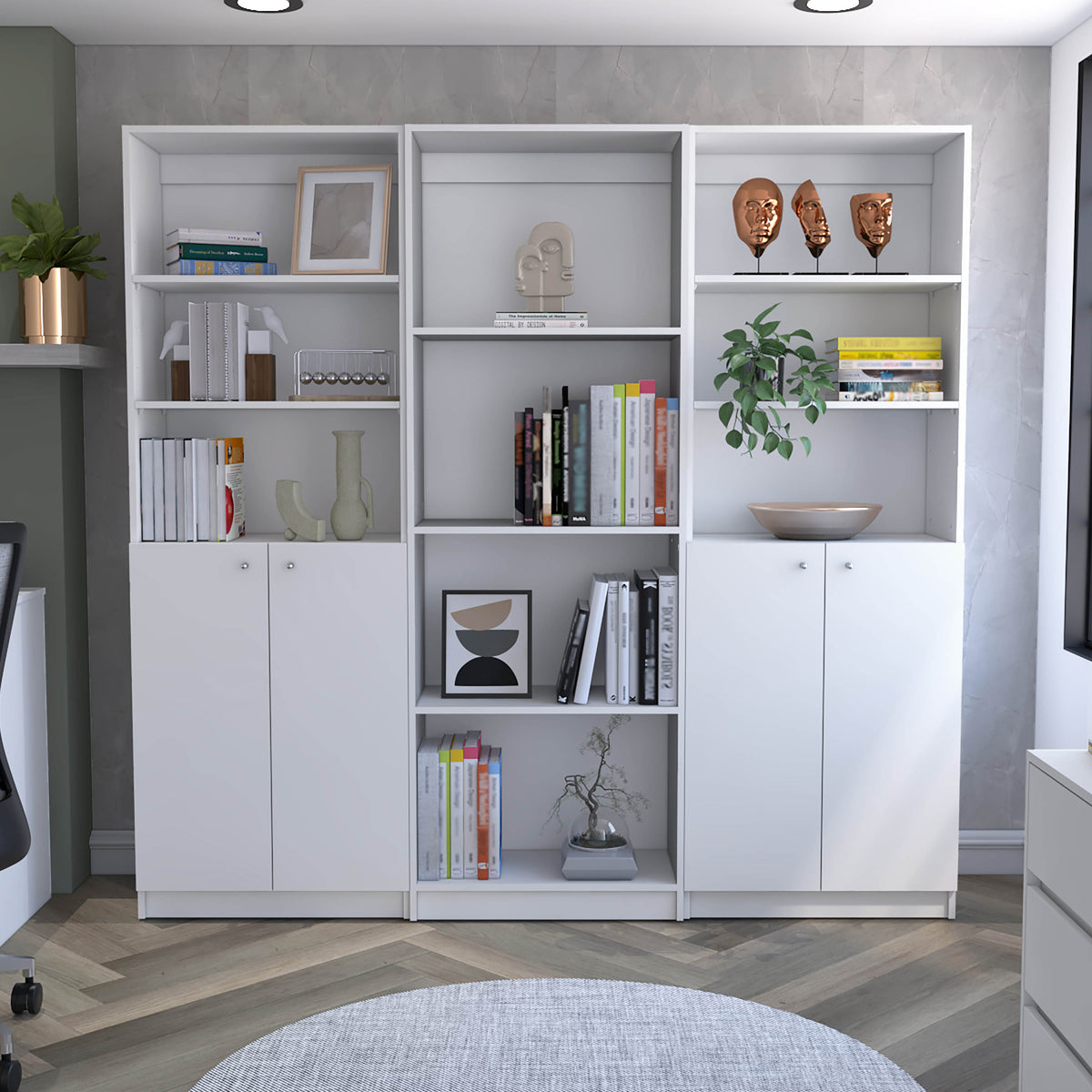 Emery 3 Piece Living Room Set With 3 Bookcases, White White Particle Board Engineered Wood
