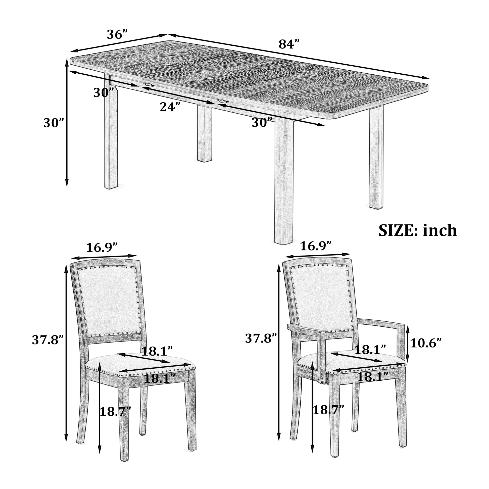 Rustic Extendable 84Inch Dining Table Set With 24Inch Removable Leaf6 Upholstered Armless Dining Chairs And 2 Padded Arm Chairs, 9 Pieces, Natural Wood Dining Room Extendable Rubberwood Rectangular Dining Table With Chair Upholstered Chair Wood Natural