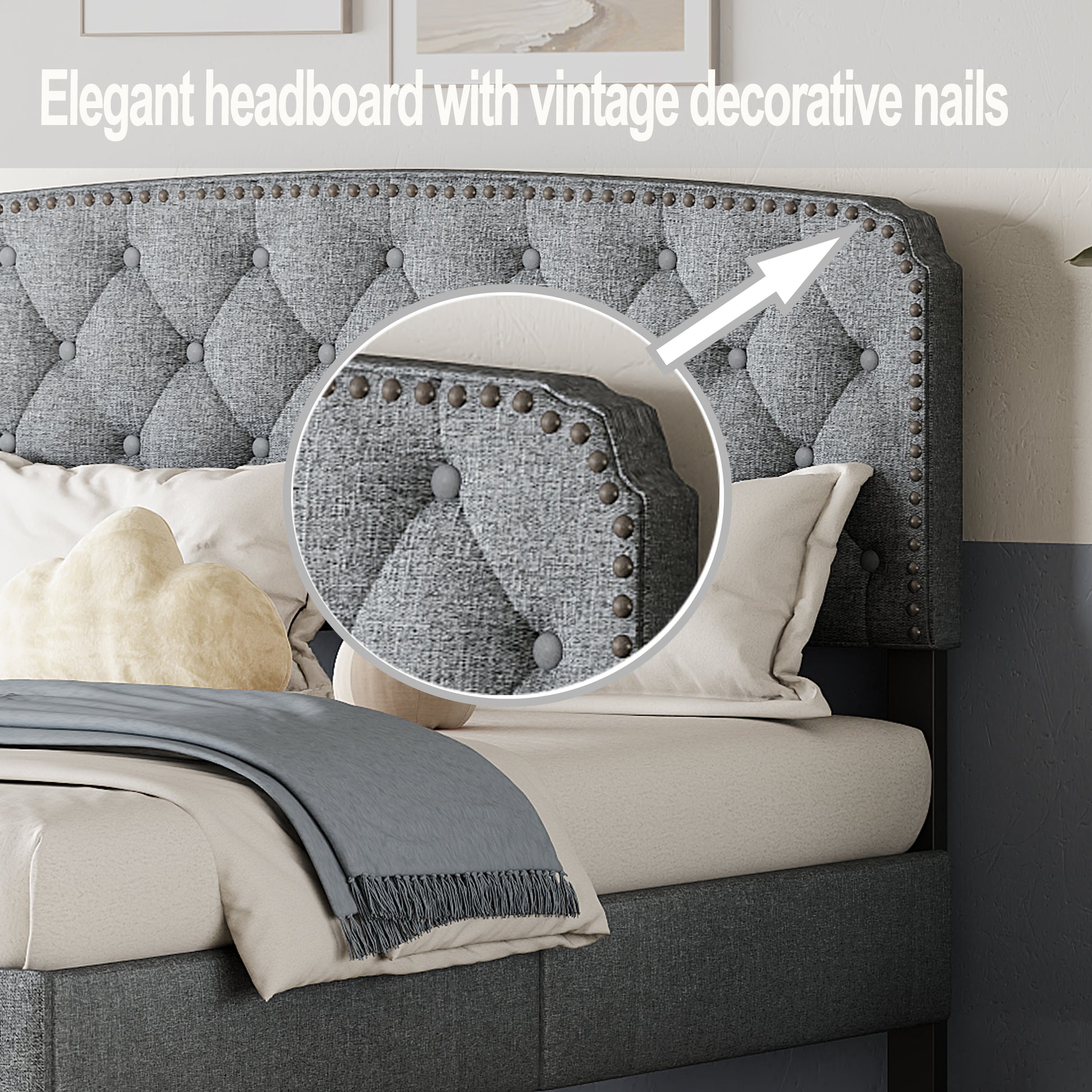 King Size Adjustable Headboard With Fine Linen Upholstery And Button Tufting For Bedroom, Wave Top Light Grey Light Grey Wood
