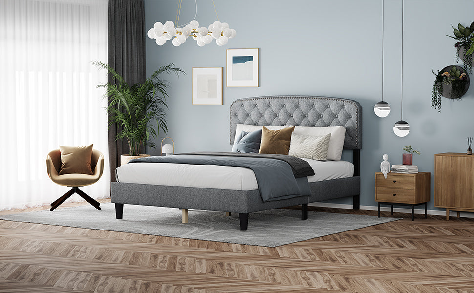 Queen Size Adjustable Headboard With Fine Linen Upholstery And Button Tufting For Bedroom, Wave Top Light Grey Light Grey Wood