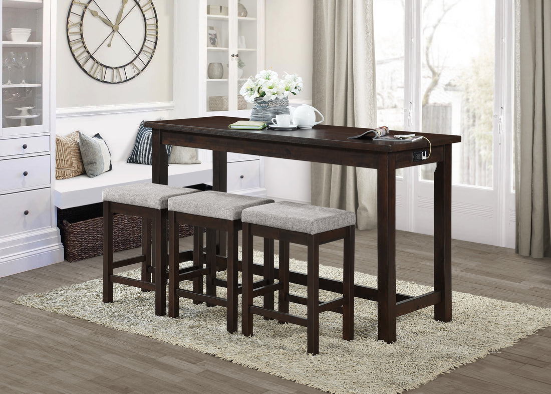 4Pc Counter Height Dining Set Espresso Finish Counter Height Table W Drawer Built In Usb Ports Power Outlets And 3 Stools Casual Dining Furniture Wood Wood Espresso Wood Dining Room Casual,Transitional Rectangular Dining Table With Chair Wood