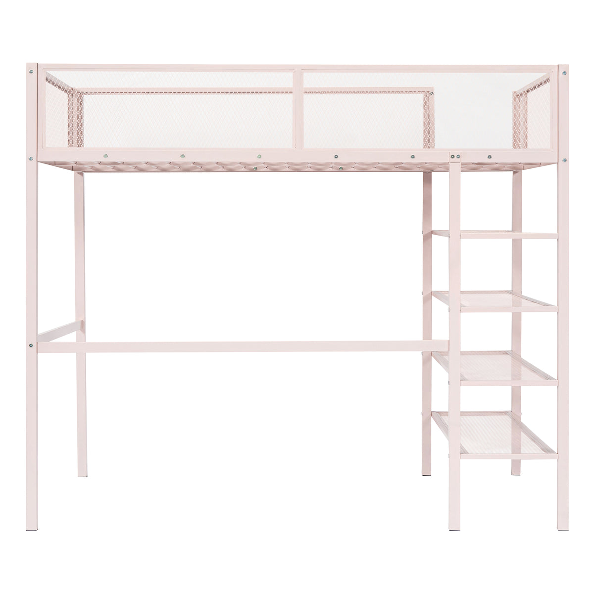 Twin Size Metal Loft Bed With 4 Tier Shelves And Storage, Pink Pink Metal