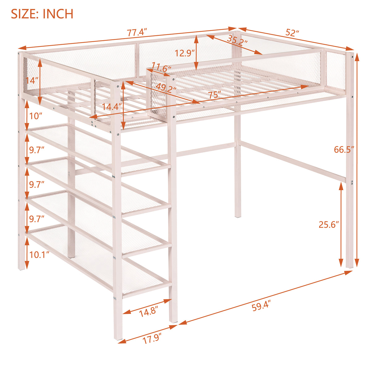 Twin Size Metal Loft Bed With 4 Tier Shelves And Storage, Pink Pink Metal