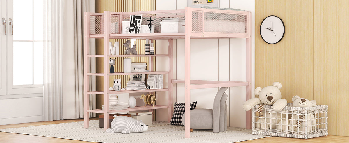 Twin Size Metal Loft Bed With 4 Tier Shelves And Storage, Pink Pink Metal