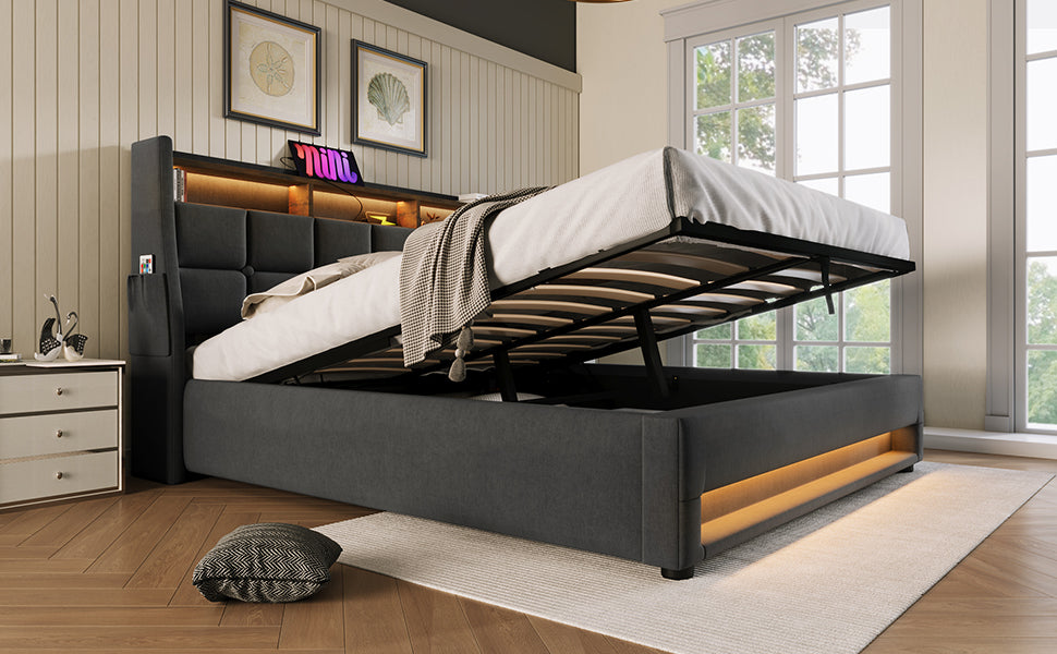 Queen Size Upholstered Platform Bed With A Hydraulic Storage System, Led And Usb Charging, Grey Without Mattress Queen Grey Metal & Wood