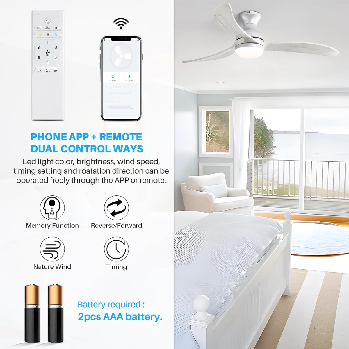 52 Inch Modern Ceiling Fan With 3 Color Dimmable Solid Wood Blades Remote Control Reversible Dc Motor For Bedroom Silver Metal & Wood