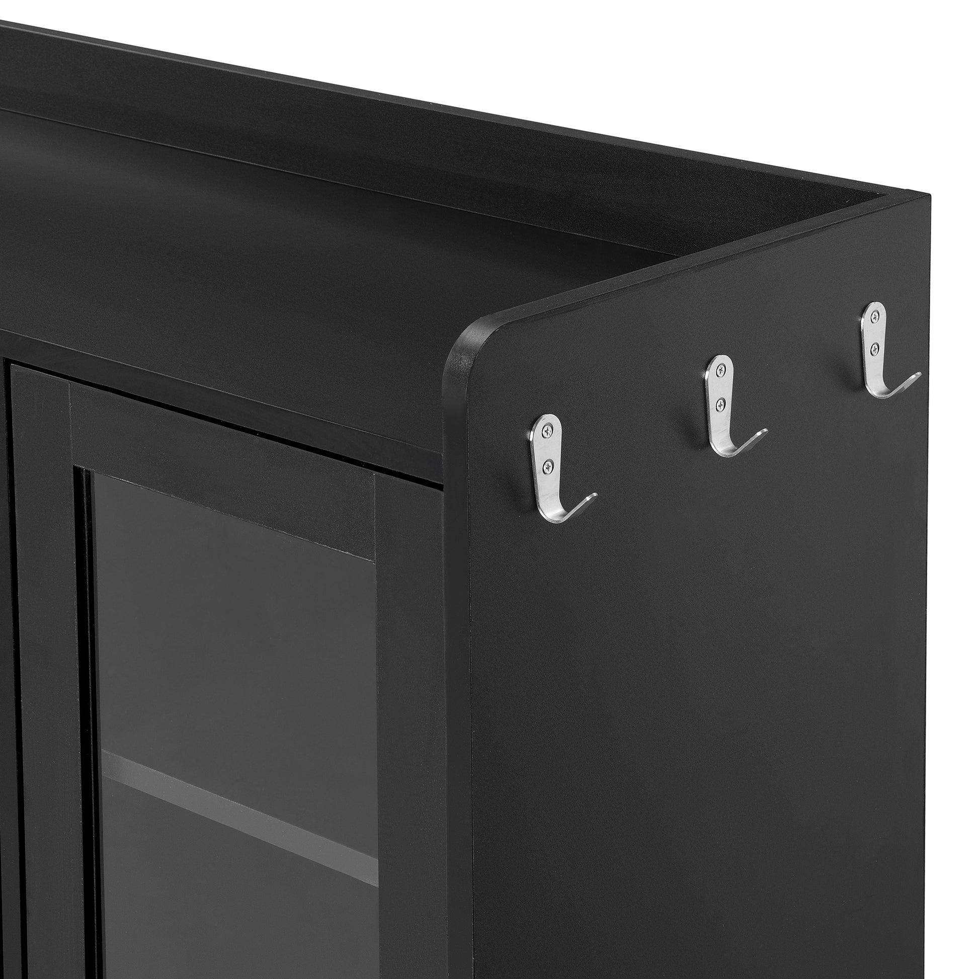 Modernist Side Cabinet With 4 Glass Doors & 3 Hooks, Freestanding Shoe Rack With Multiple Adjustable Shelves, Versatile Display Cabinet With Gold Handles For Hallway, Living Room, Black 5 Or More Spaces Black Primary Living Space Adjustable Shelves