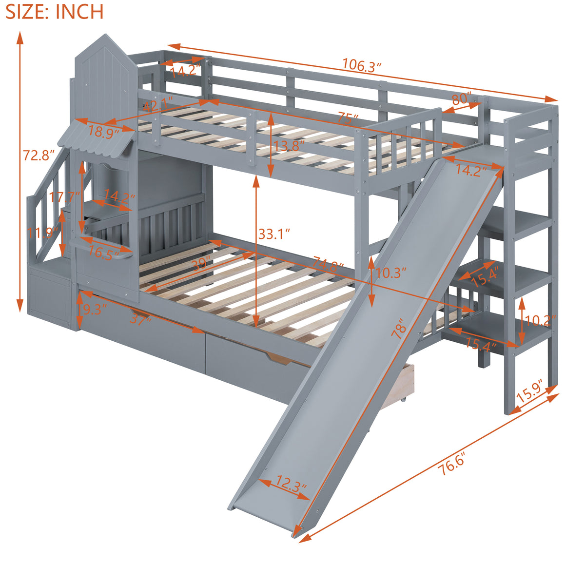 Twin Over Twin Castle Style Bunk Bed With 2 Drawers 3 Shelves And Slide Gray Gray Solid Wood