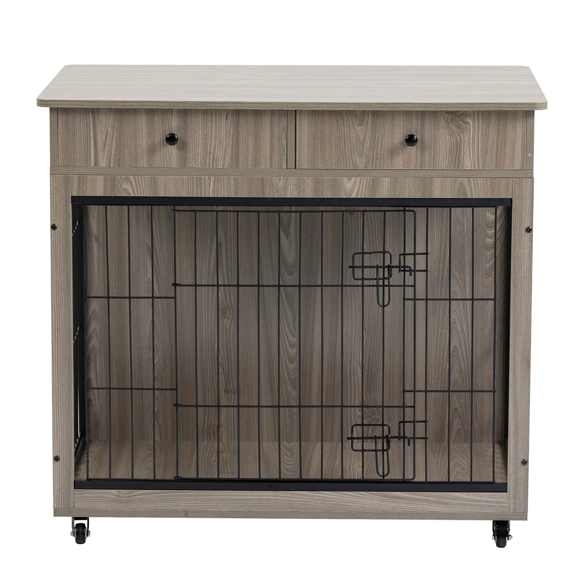 Dog Crate Furniture, Wooden Dog House, Decorative Dog Kennel With Drawer, Indoor Pet Crate End Table For Small Dog, Steel Tube Dog Cage, Chew Proof, Grey 31.7" L 23.2" W 33" H Grey Mdf Steel